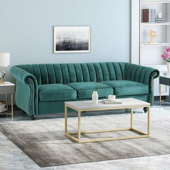 Noble House Fenix Velvet Channel Stitch 3 Seater Sofa, Teal
