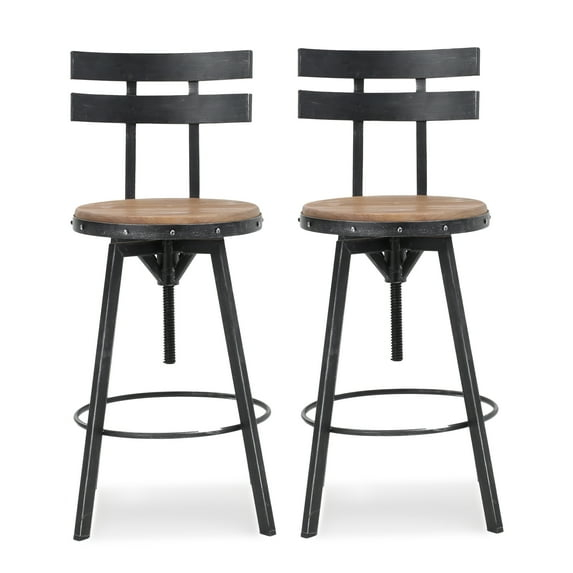 Noble House Fredell Firwood Adjustable Height Swivel Barstools, Set of 2, Antique and Black Brushed Silver