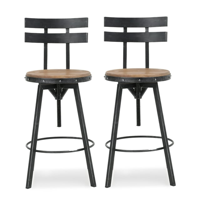 Noble House Fredell Firwood Adjustable Height Swivel Barstools, Set of 2, Antique and Black Brushed Silver