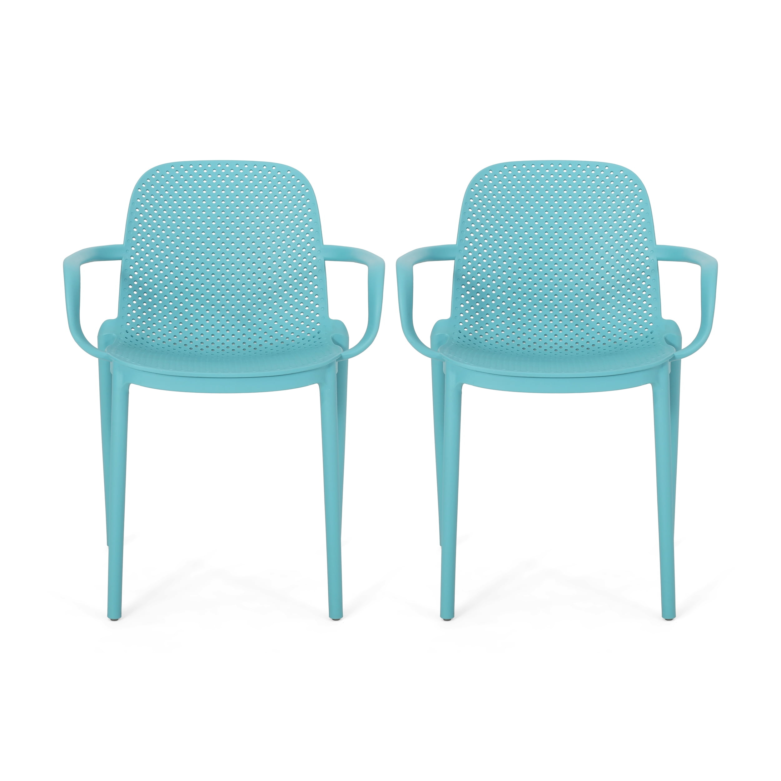 Noble House Gardenia Plastic Stacking Patio Dining Arm Chair in Teal (Set of 2)