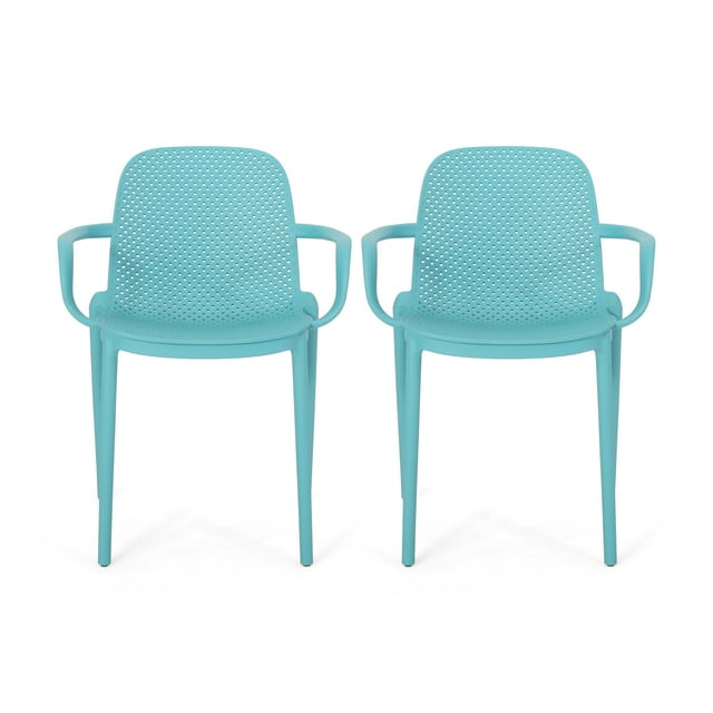 Noble House Gardenia Plastic Stacking Patio Dining Arm Chair in Teal (Set of 2)
