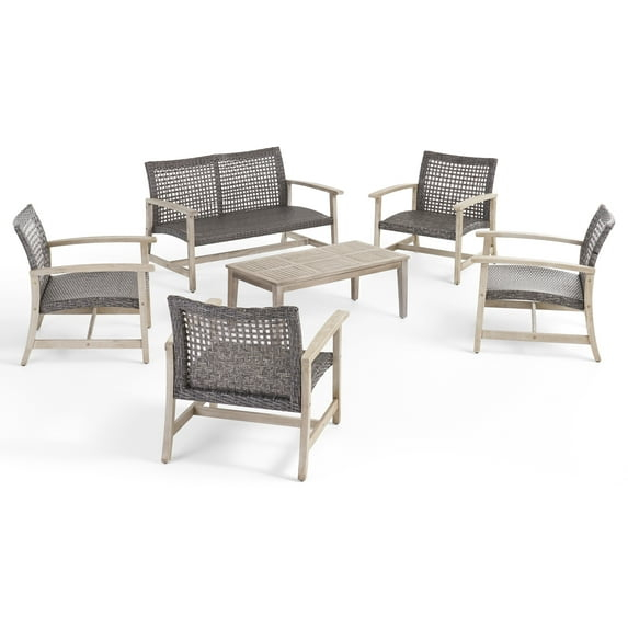 Noble House Hampton 6 Piece Outdoor Wood and Wicker Loveseat Set in Black