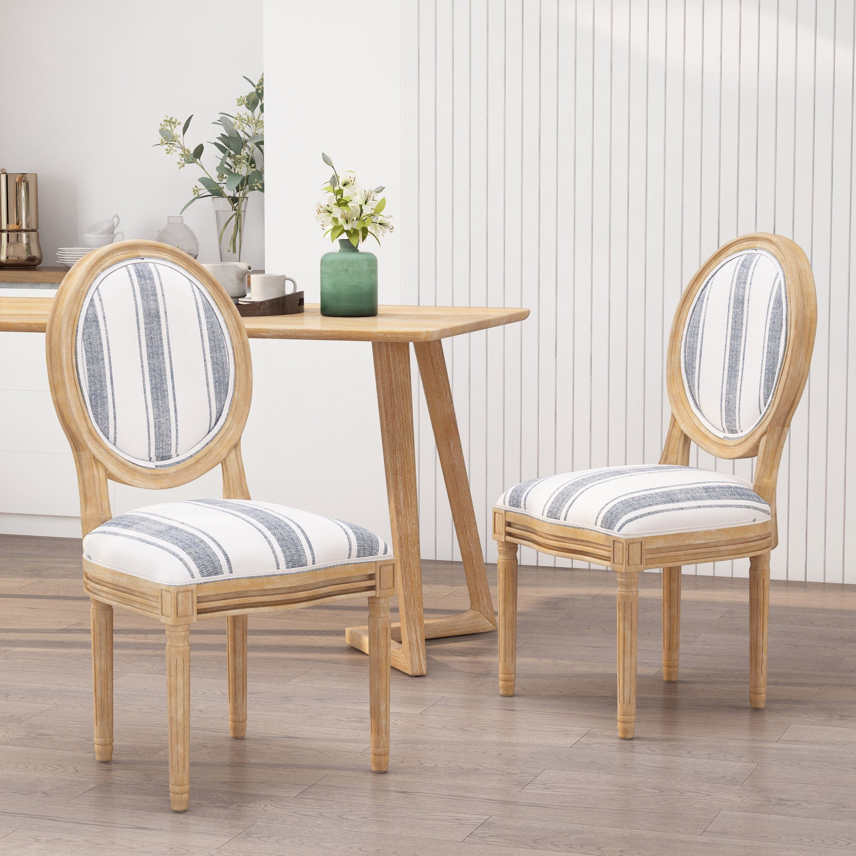 Noble House Karter French Fabric Dining Chairs, Set of 2, Dark Blue Stripes