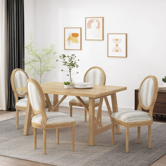 Noble House Karter Indoor French Fabric Dining Chairs, Set of 4, Gray Stripes