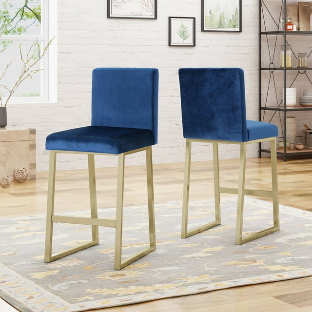 Noble House Korey Indoor Modern Velvet Barstools, Set of 2, Navy Blue