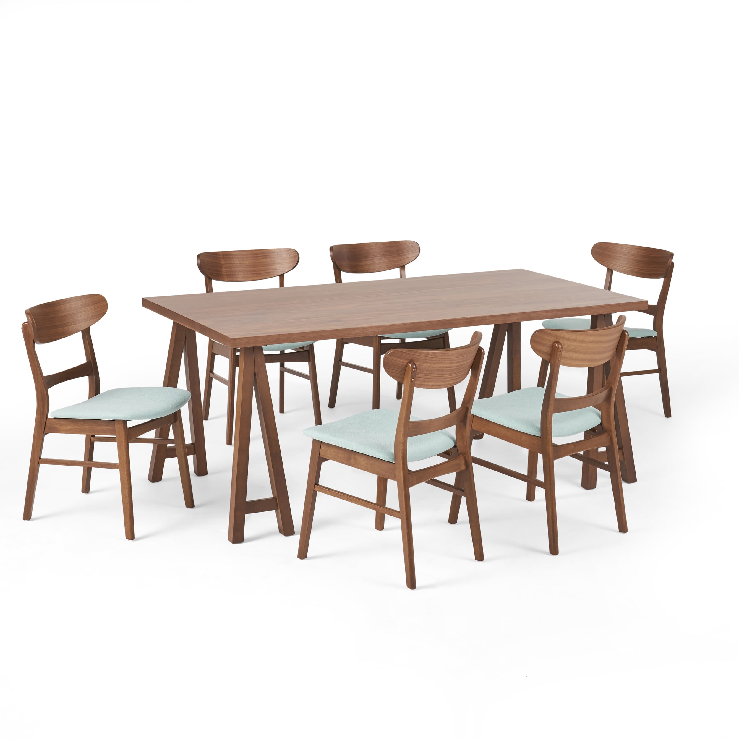 Noble House Lydia Mid-Century Modern 7 Piece Dining Set, Mint and Walnut