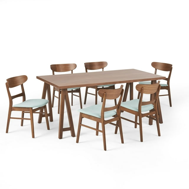 Noble House Lydia Mid-Century Modern 7 Piece Dining Set, Mint and Walnut