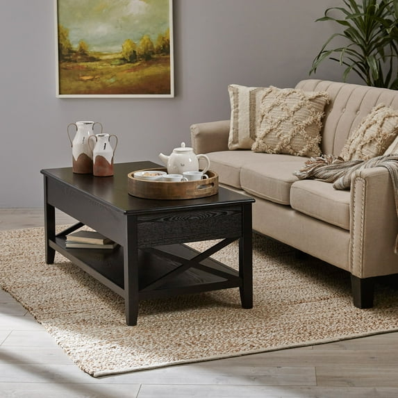 Noble House Moses Farmhouse Faux Wood Lift Top Coffee Table, Black