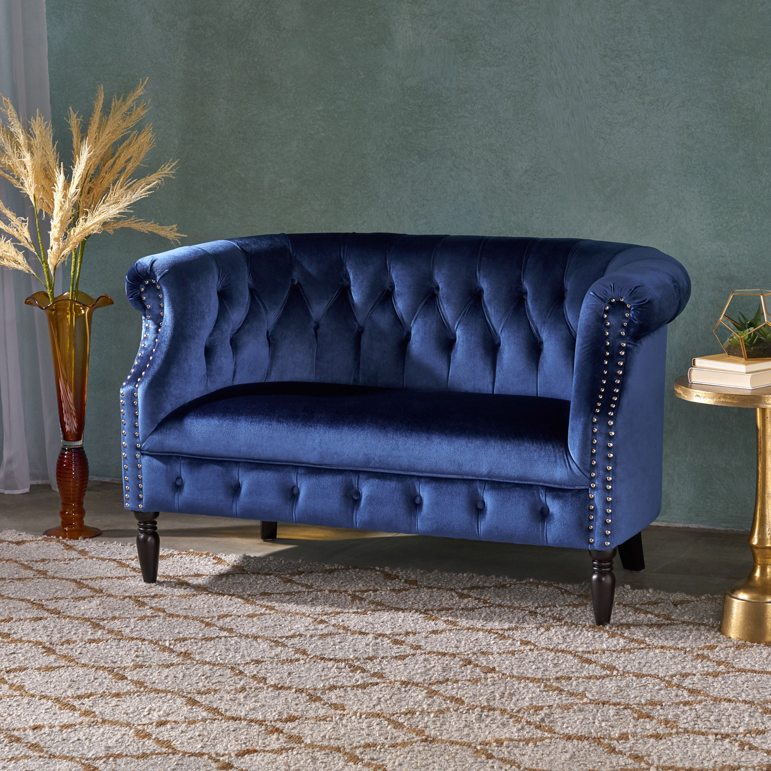 Noble House Myrna Chesterfield Velvet Loveseat with Scrolled Arms, Navy Blue