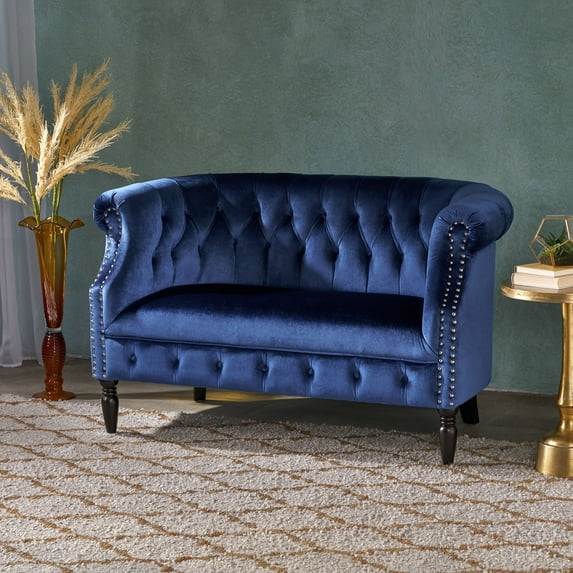 Noble House Myrna Chesterfield Velvet Loveseat with Scrolled Arms, Navy Blue