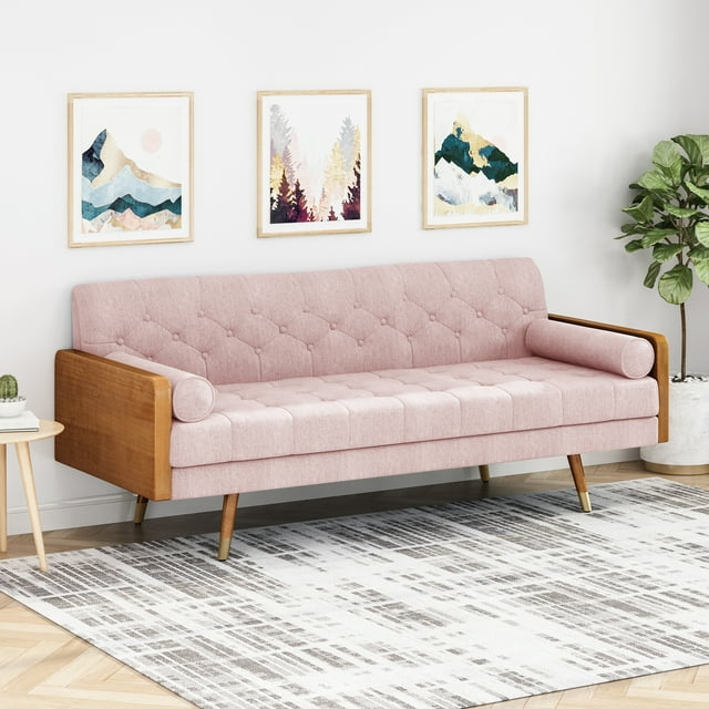 Noble House Nathanial Tufted Fabric Sofa, Light Blush and Dark Walnut