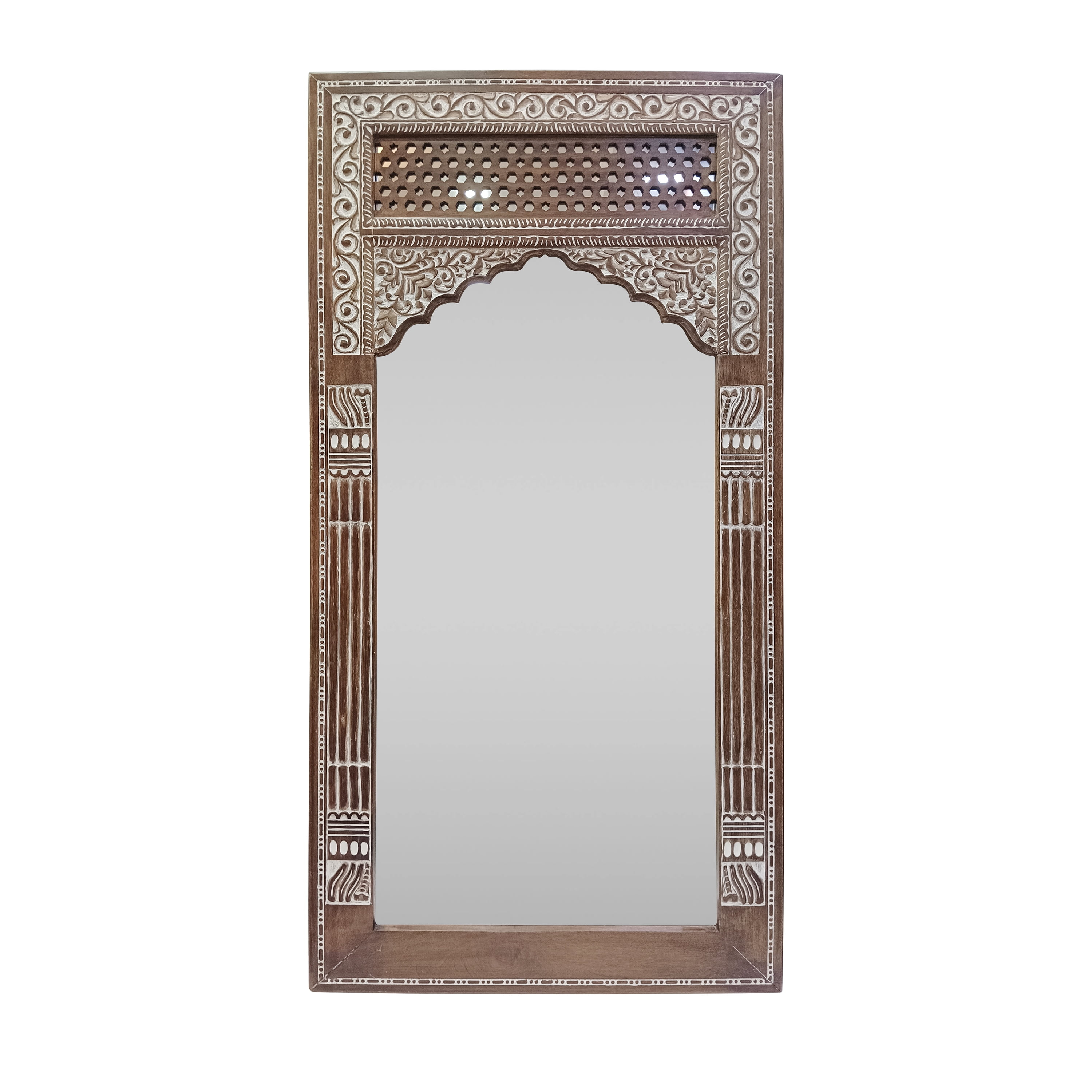 Noble House Rivet Mango Wood Handcrafted Carved Full Length Standing Mirror, White Washed
