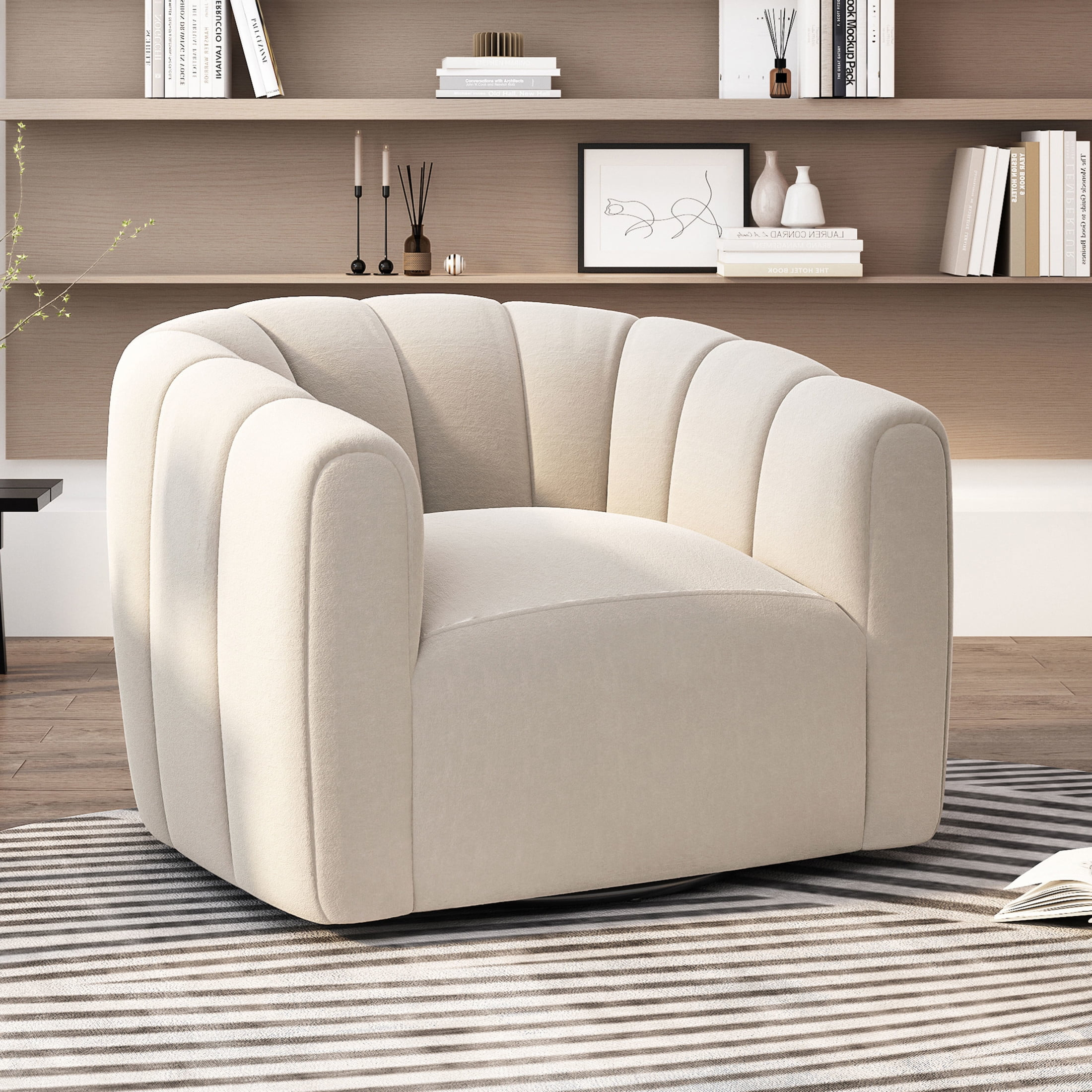 Noble House Smith  Textured Boucle White Modern Swivel Club Chair