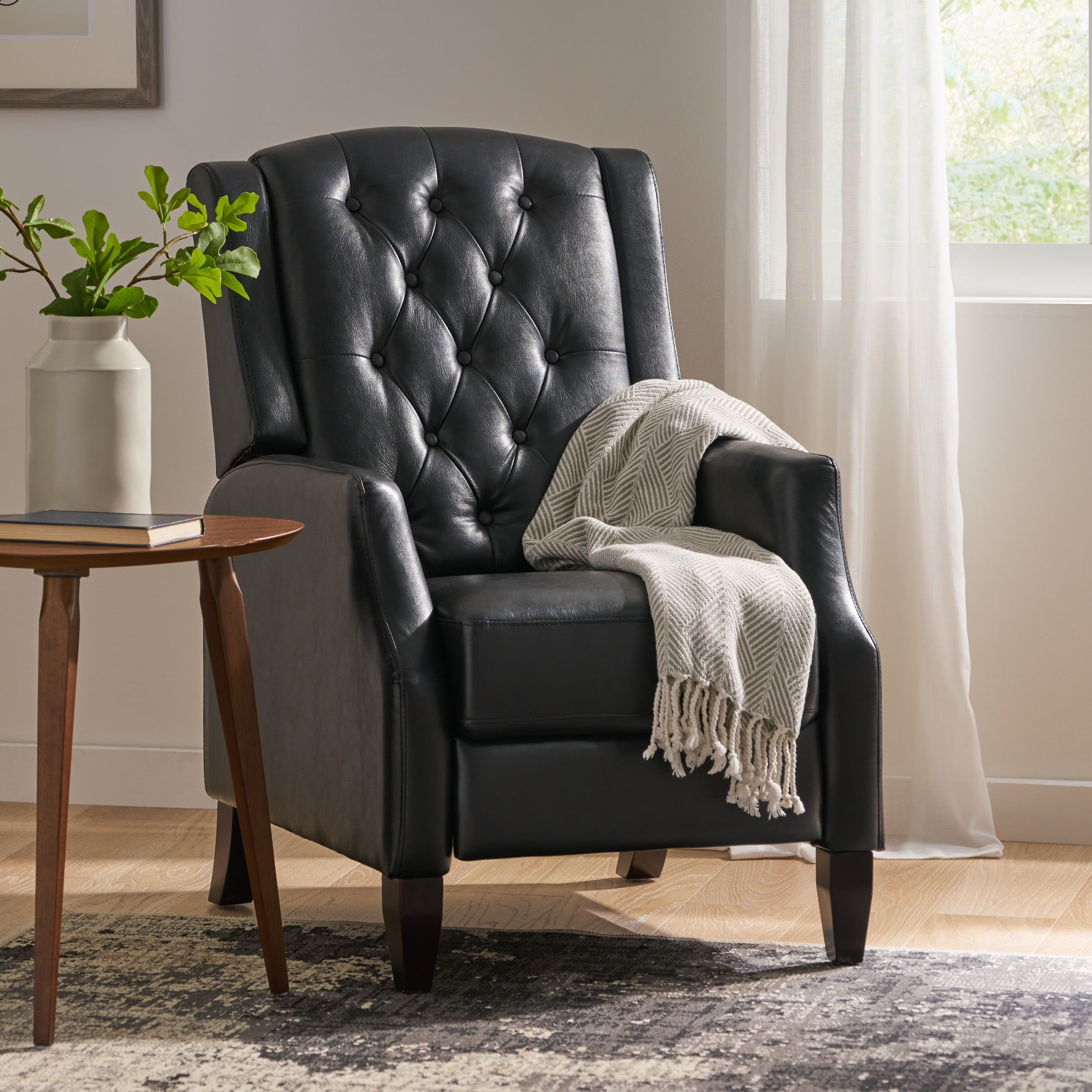 Noble House Steinaker Faux Leather Tufted Pushback Recliner, Midnight Black and Dark Brown