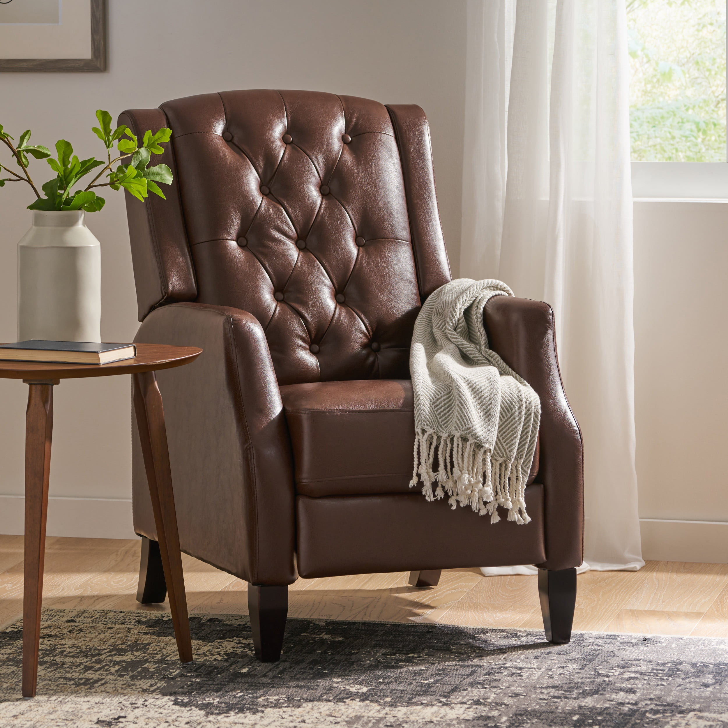 Noble House Steinaker Standard Faux Leather Tufted Pushback Recliner, Dark Brown