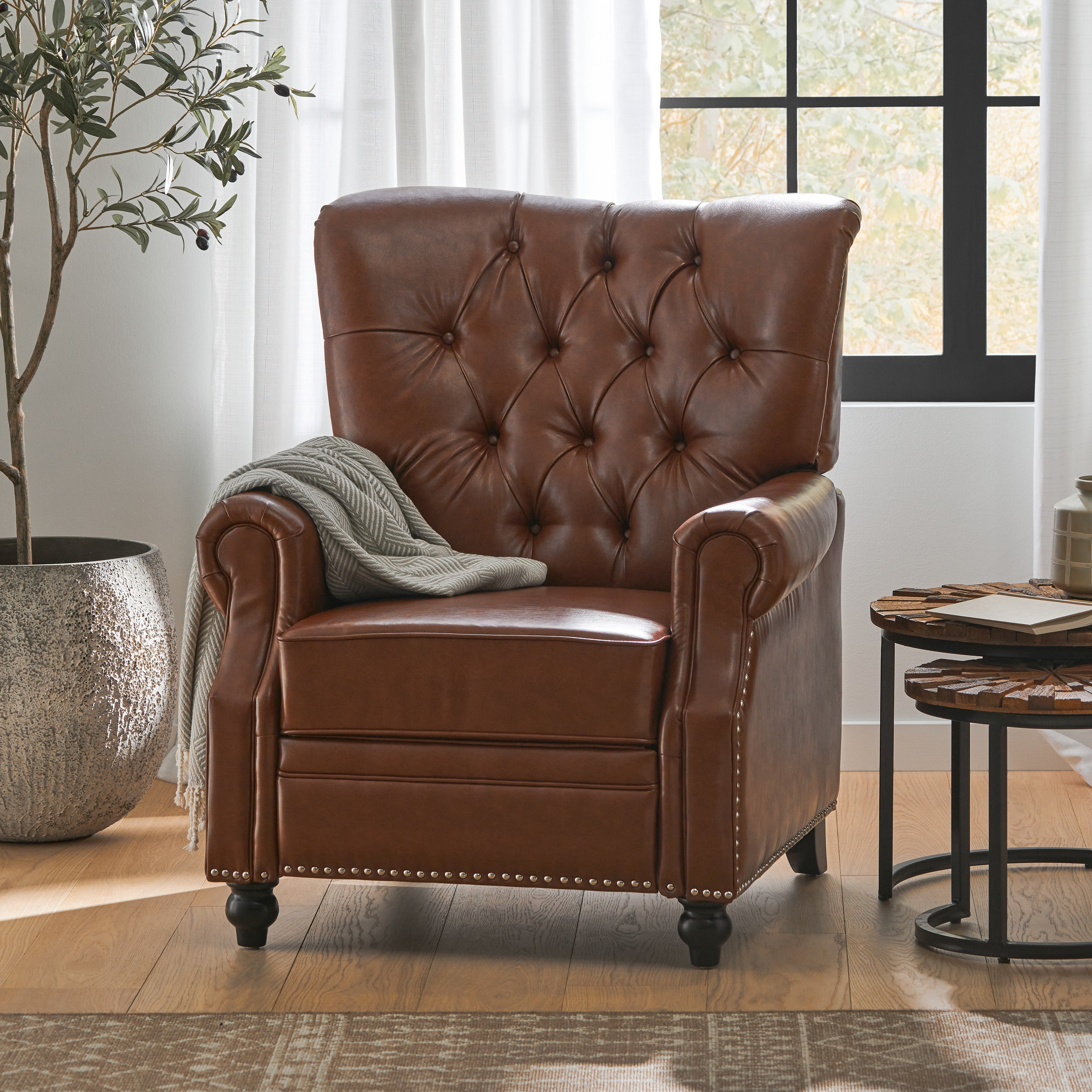 Noble House Torrens Standard Faux Leather Tufted Recliner, Cognac Brown
