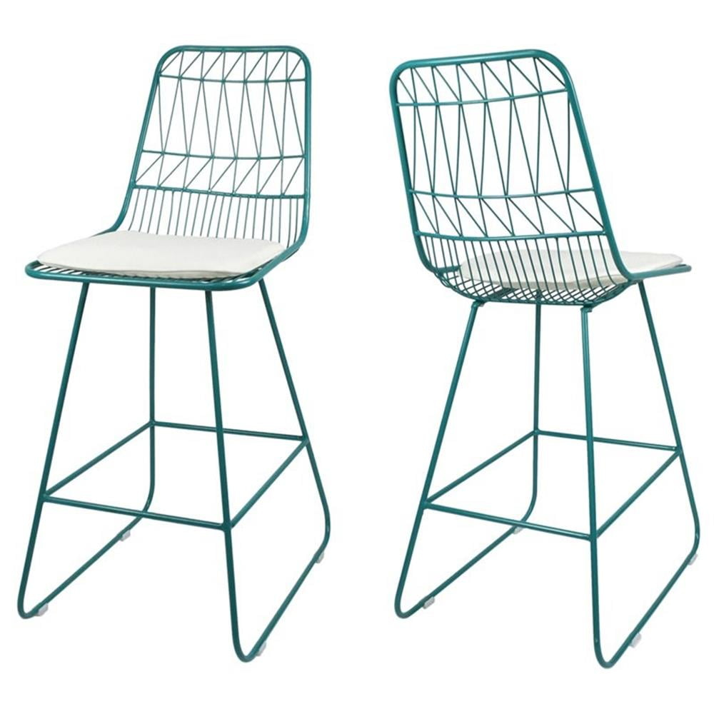 Noble House Walcott 26" Geometric Metal Counter Stools in Blue/Ivory (Set of 2)