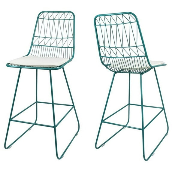 Noble House Walcott 26" Geometric Metal Counter Stools in Blue/Ivory (Set of 2)