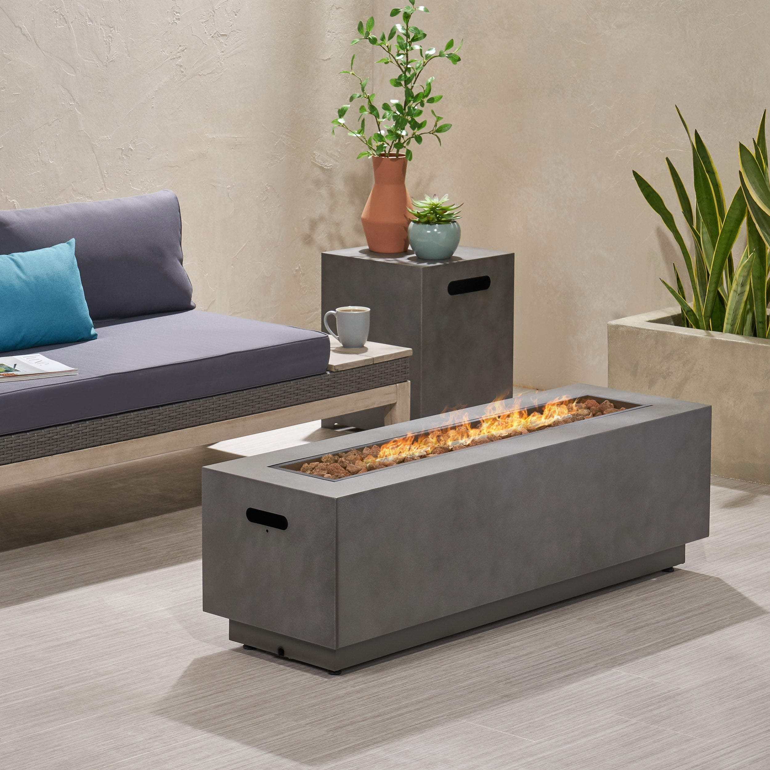 Noble House Wellington Rectangular Fire Pit with Tank Holder in Concrete