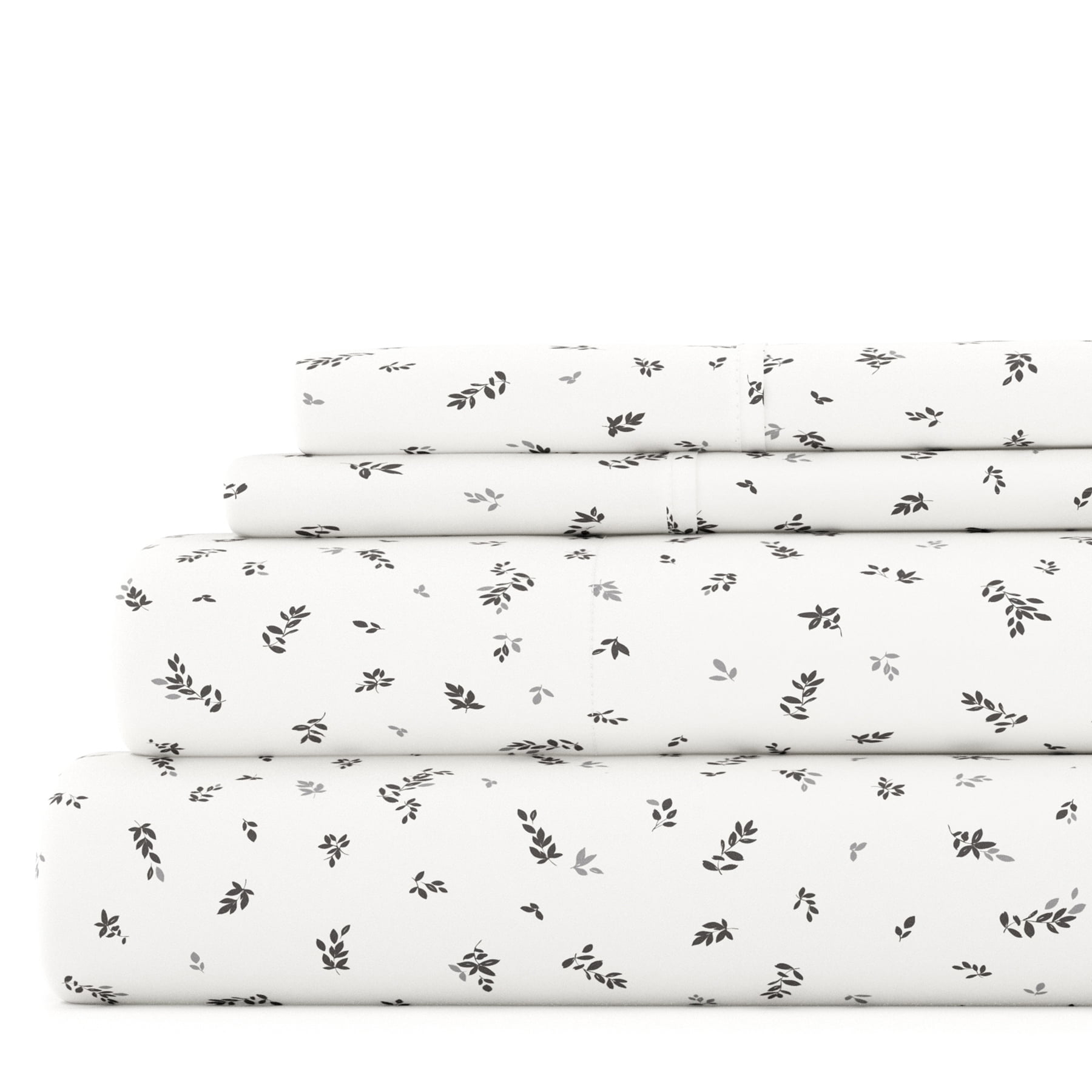 Noble Linens 4 Piece Pattern Microfiber Bed Sheets Set, Light Gray Spotted Leaves, Twin