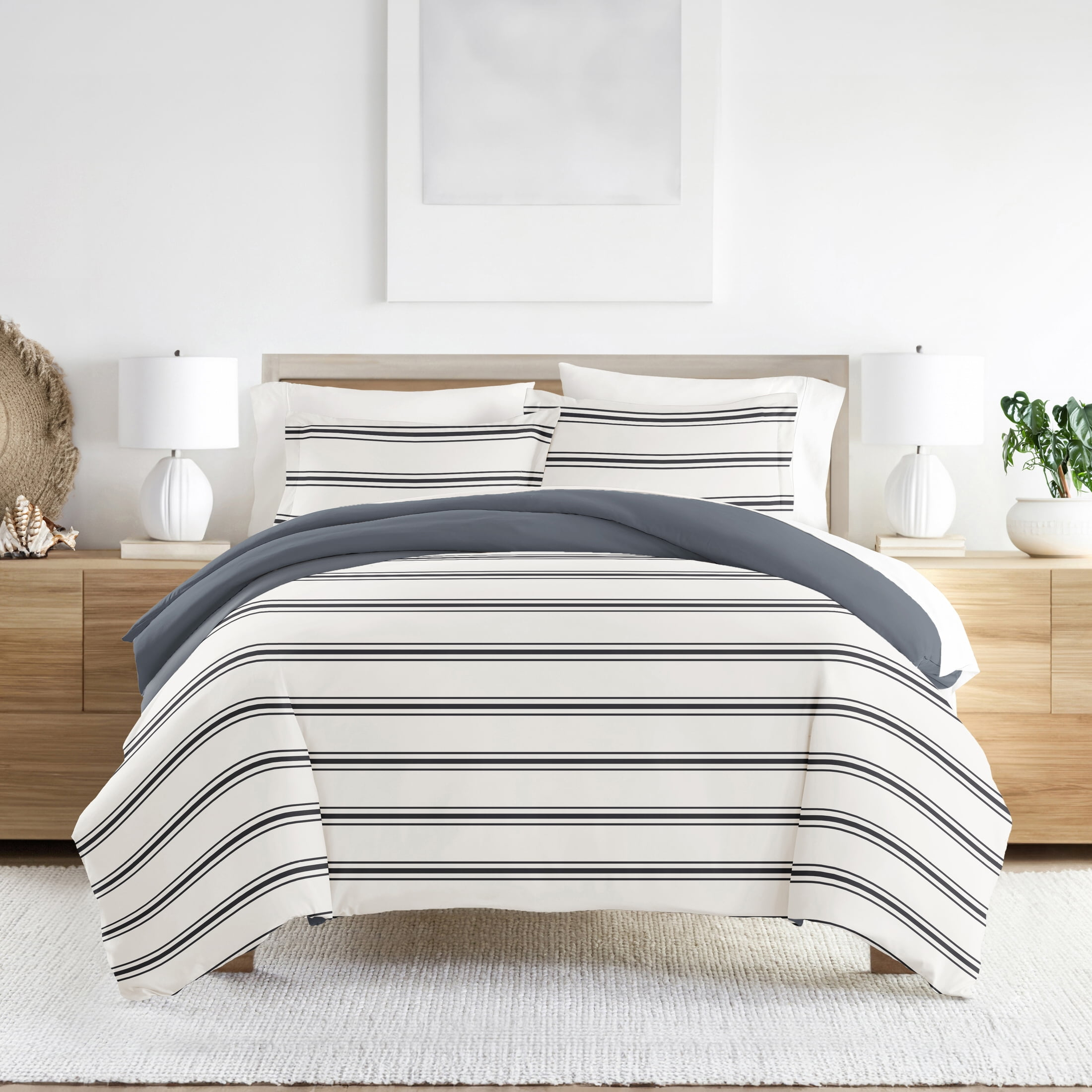 Noble Linens Navy Desert Stripe Reversible 2-Piece Duvet Cover Set, Twin/Twin XL