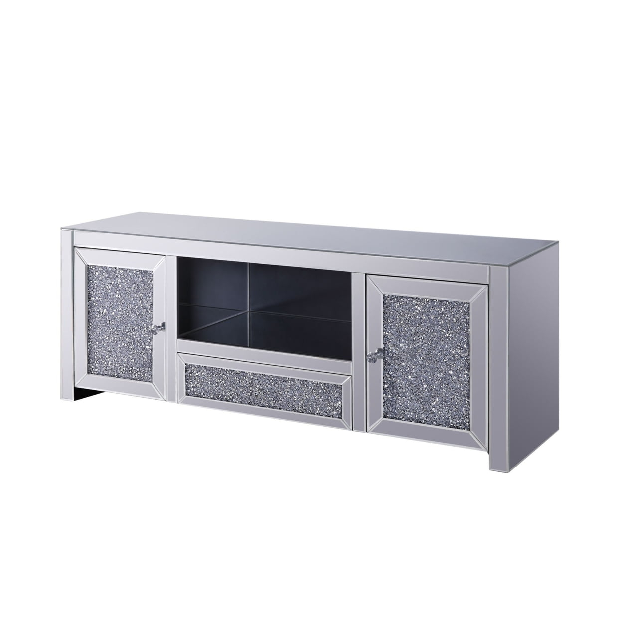 Noe 59 Inch Wood TV Entertainment Media Console Faux Diamond Inlay Silver - Saltoro Sherpi
