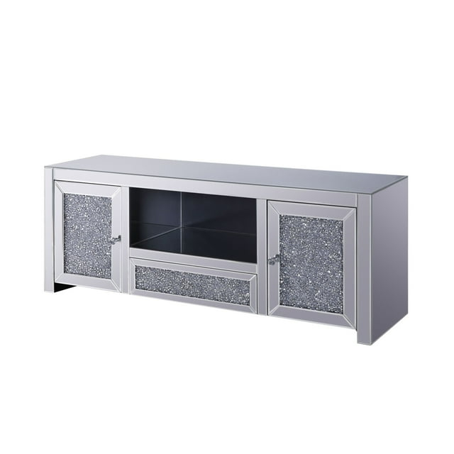 Noe 59 Inch Wood TV Entertainment Media Console Faux Diamond Inlay Silver - Saltoro Sherpi