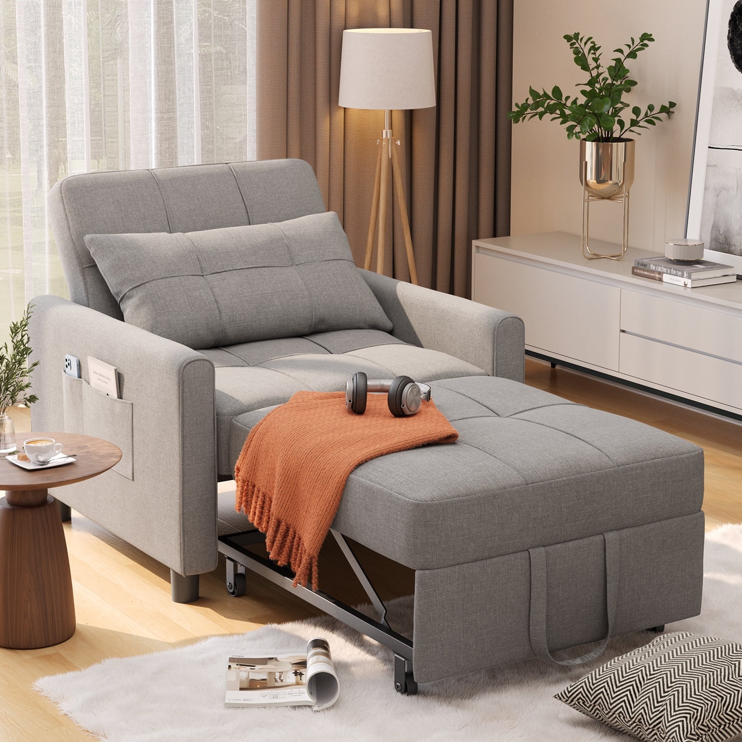 Aiho Sleeper Sofa Chair Bed, Convertible Sofa Chair 3-in-1, Adjustable Sleeper Chair Pullout Sofa Bed, Grey