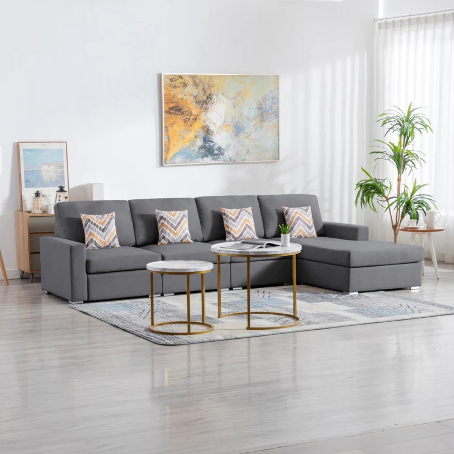Nolan Gray Linen Fabric Reversible Sectional Sofa Chaise Interchangeable Legs