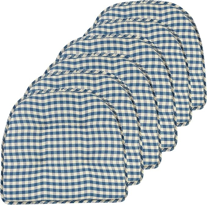 Non-Slip Tufted Chair Cushions for Dining Room, Kitchen and Office Use, U-Shaped Skid-Proof Seat Pad, 15x16 Inches, 6 Pack, Gingham Blue