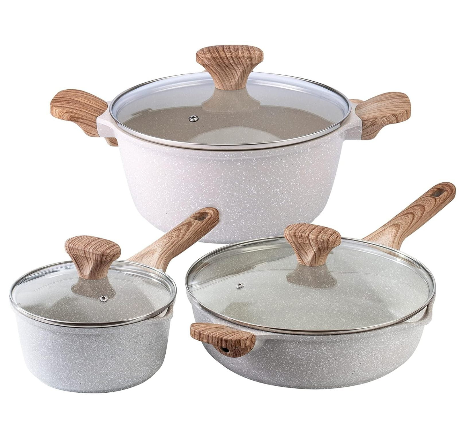 Non-Stick Cast Aluminum Cookware Set - Durable Kitchen Cookware for Everyday Cooking, Speckled Cream, 6 Pc.
