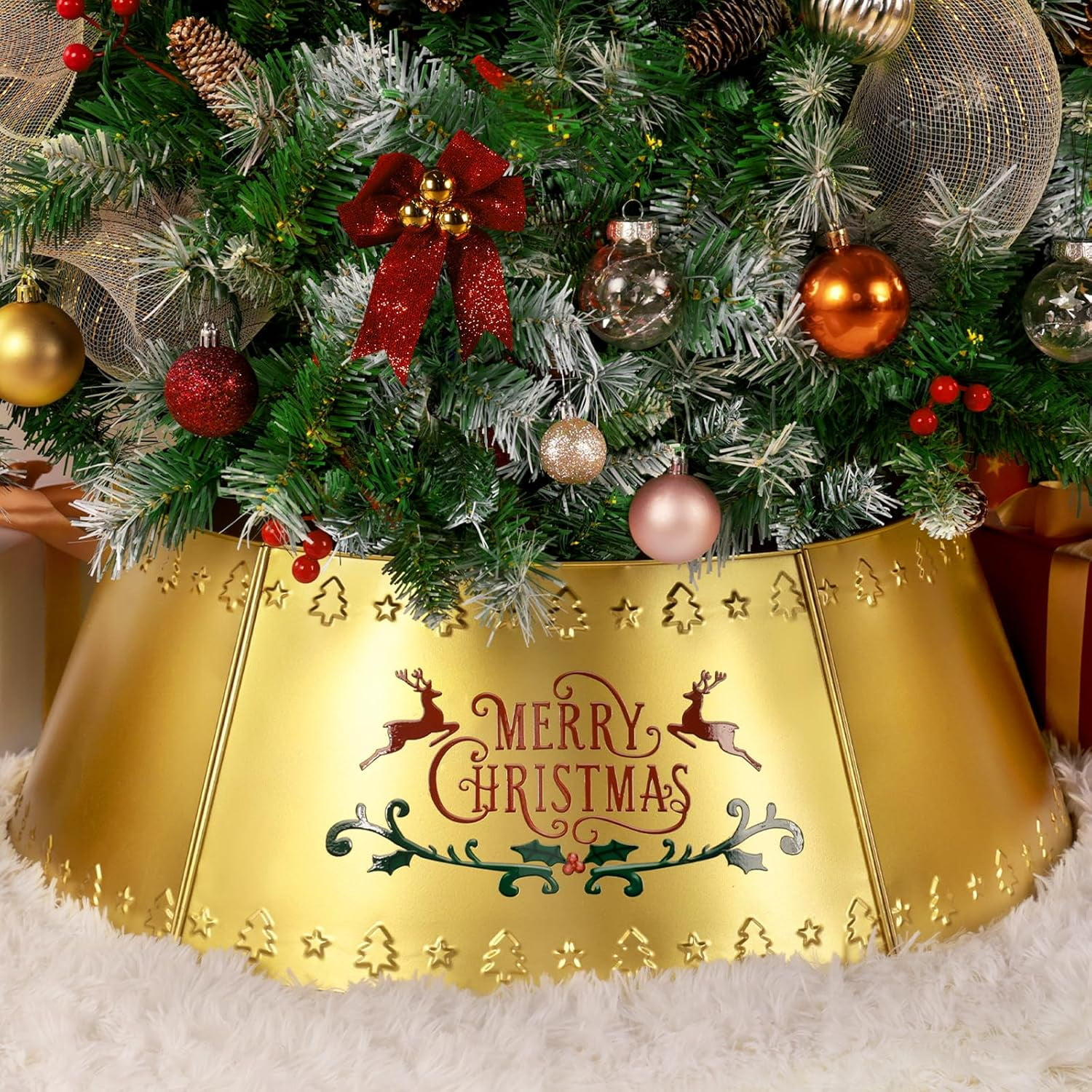 Nordic Hygge 28’’ Christmas Tree Collar, Gold Tree Skirt for Christmas Tree Decor, Christmas Tree Base Cover with Printed Patterns, Metal Tree Collar for Pencil Tree of Living Room
