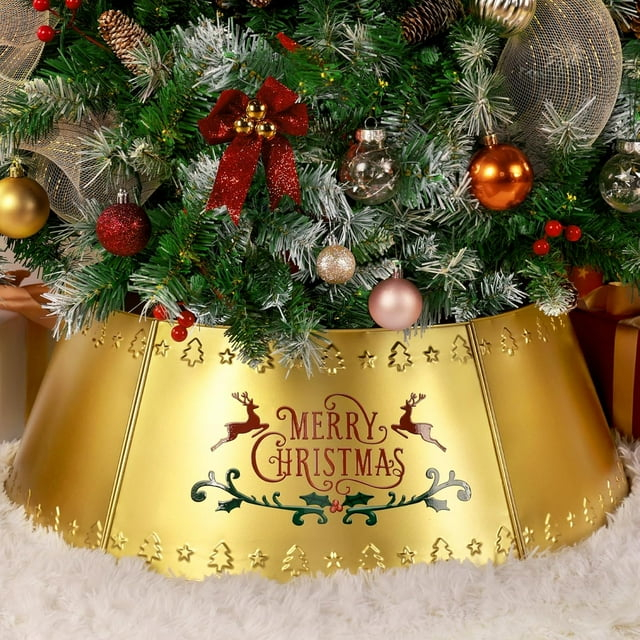 Nordic Hygge 28’’ Christmas Tree Collar, Gold Tree Skirt for Christmas Tree Decor, Christmas Tree Base Cover with Printed Patterns, Metal Tree Collar for Pencil Tree of Living Room