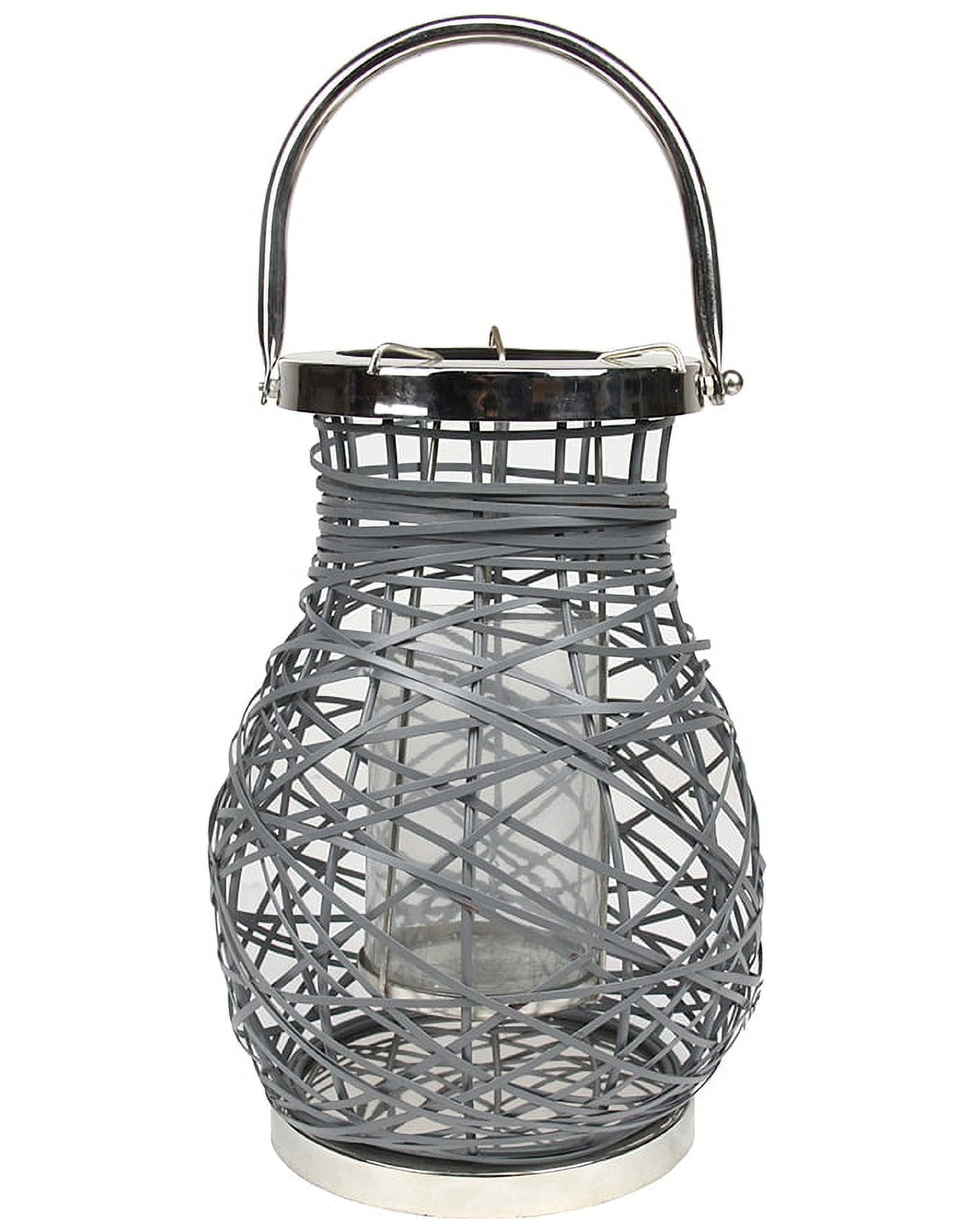 Northlight 13.5" Modern Gray Decorative Woven Iron Pillar Candle Lantern with Glass Hurricane