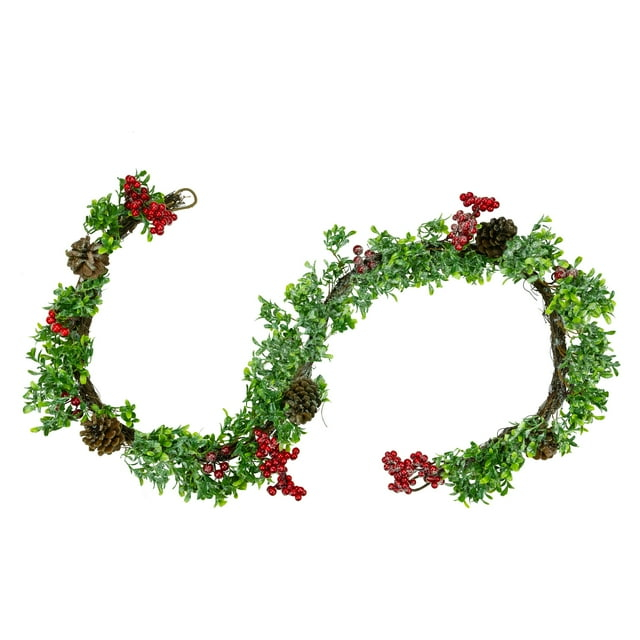 Northlight Seasonal 6' Glittered Artificial Boxwood Pine Cone and Red Berry Christmas Garland- Unlit