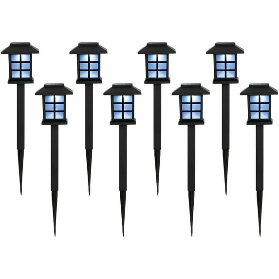 Northlight Set of 8 Black Lantern Style Solar Powered LED Pathway Markers, 14.25"