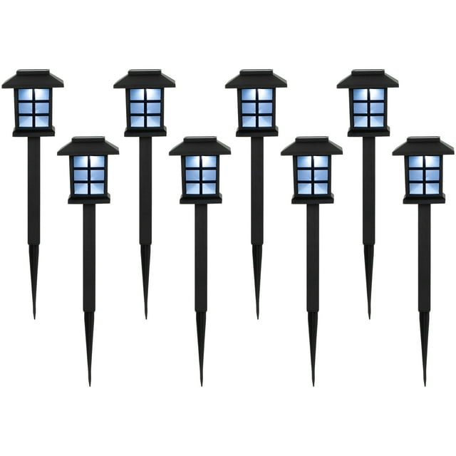 Northlight Set of 8 Black Lantern Style Solar Powered LED Pathway Markers, 14.25"