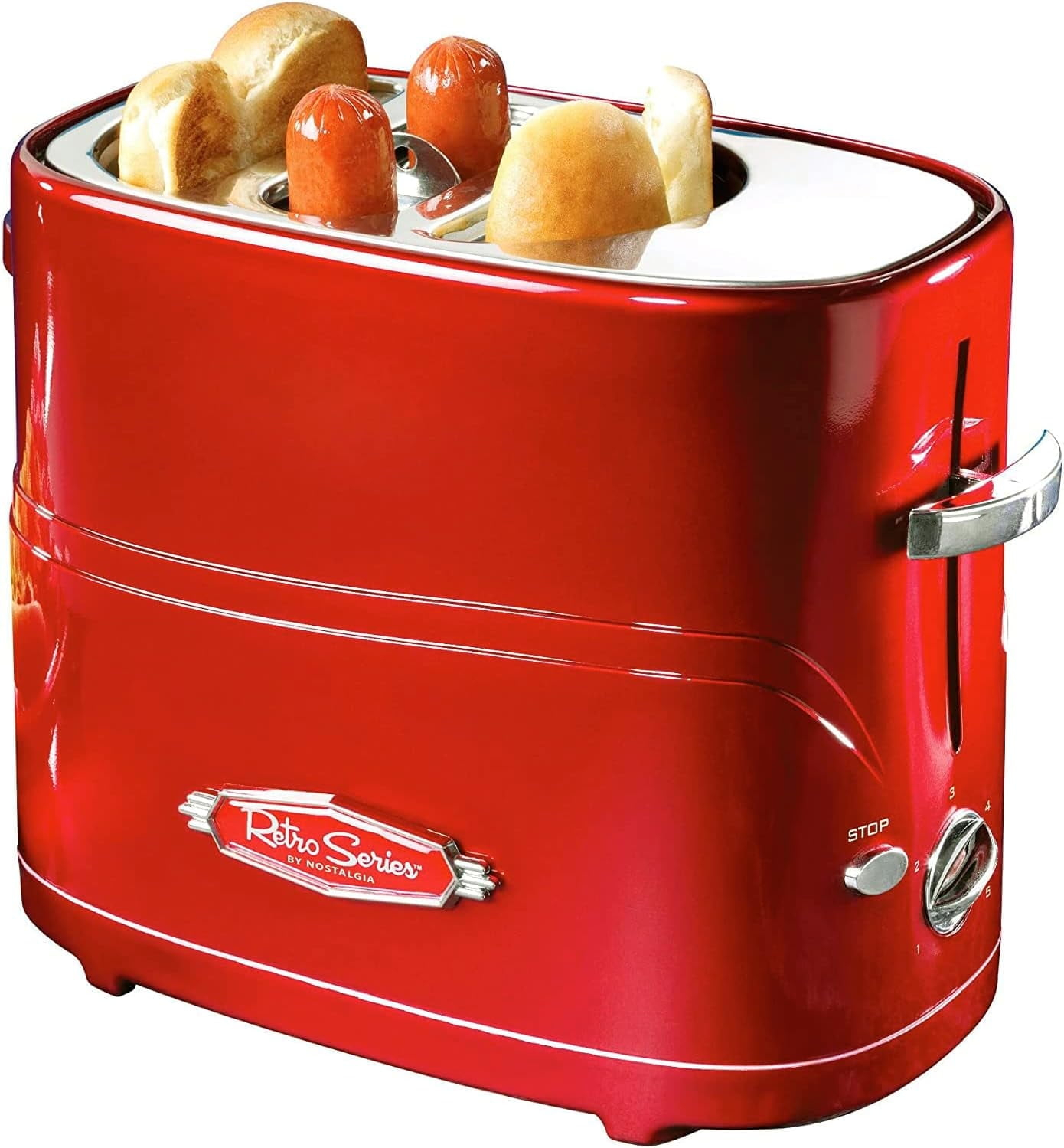 Retro Red 2-Slice Hot Dog and Bun Toaster with Mini Tongs