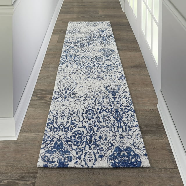 Nourison Damask Distressed Modern Ivory/Navy 2'3" x 7'6" Area Rug, (8' Runner)