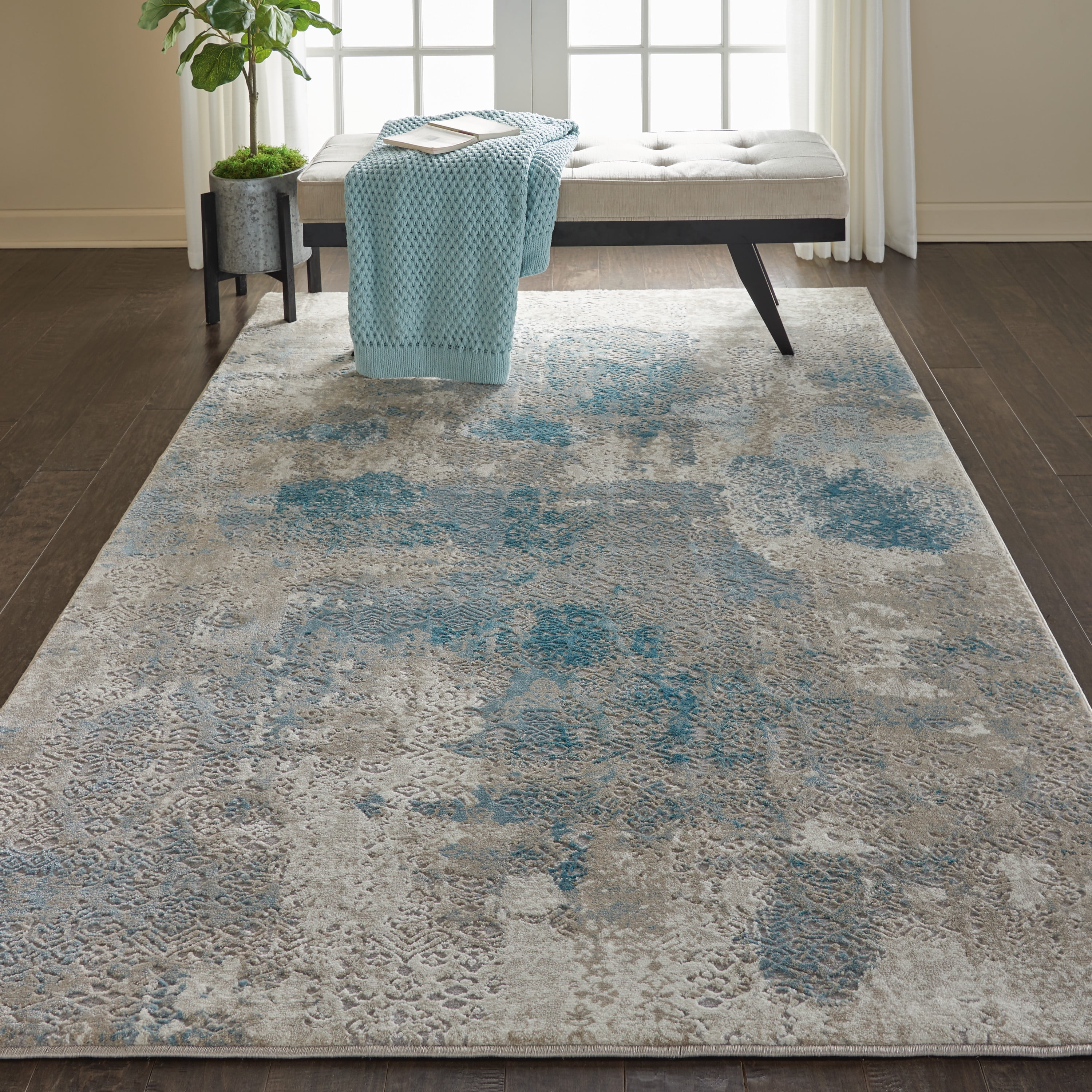 Nourison Karma Damask Ivory/Light Blue 5'3" x 7'4" Area Rug, (5x7)