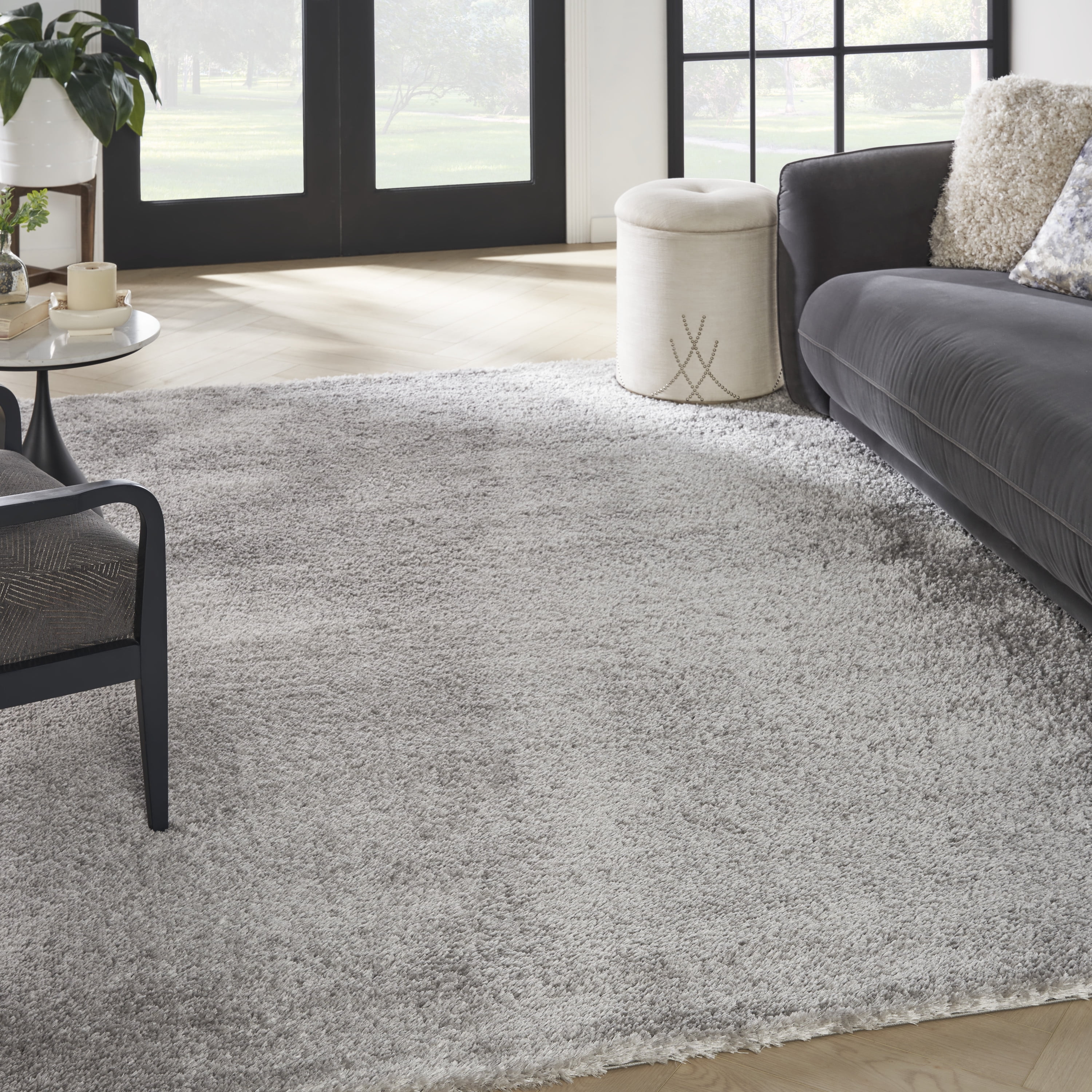 Nourison Luxurious Shag Silver 6'7" x 9'2" Area Rug, Solid, Plush, Bed Room, Living Room, Dining Room, Kitchen, Easy Cleaning, Non Shedding