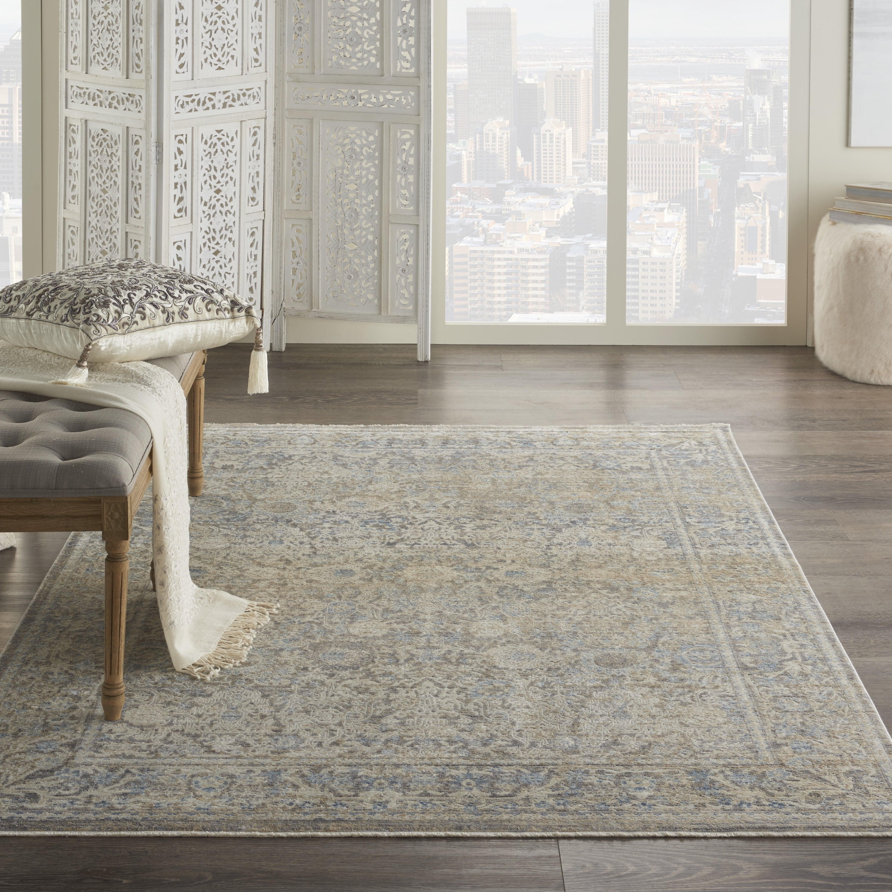 Nourison Silken Weave Floral Ivory Blue 5'3" x 7'9" Area Rug, (5x8)