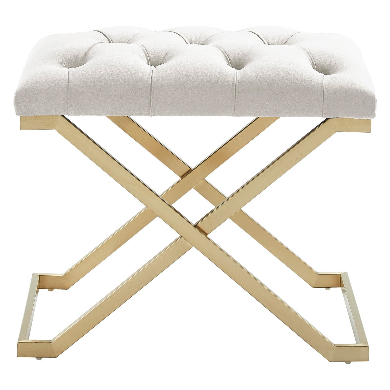 Contemporary Velvet and Stainless Steel Bench Ivory and Gold