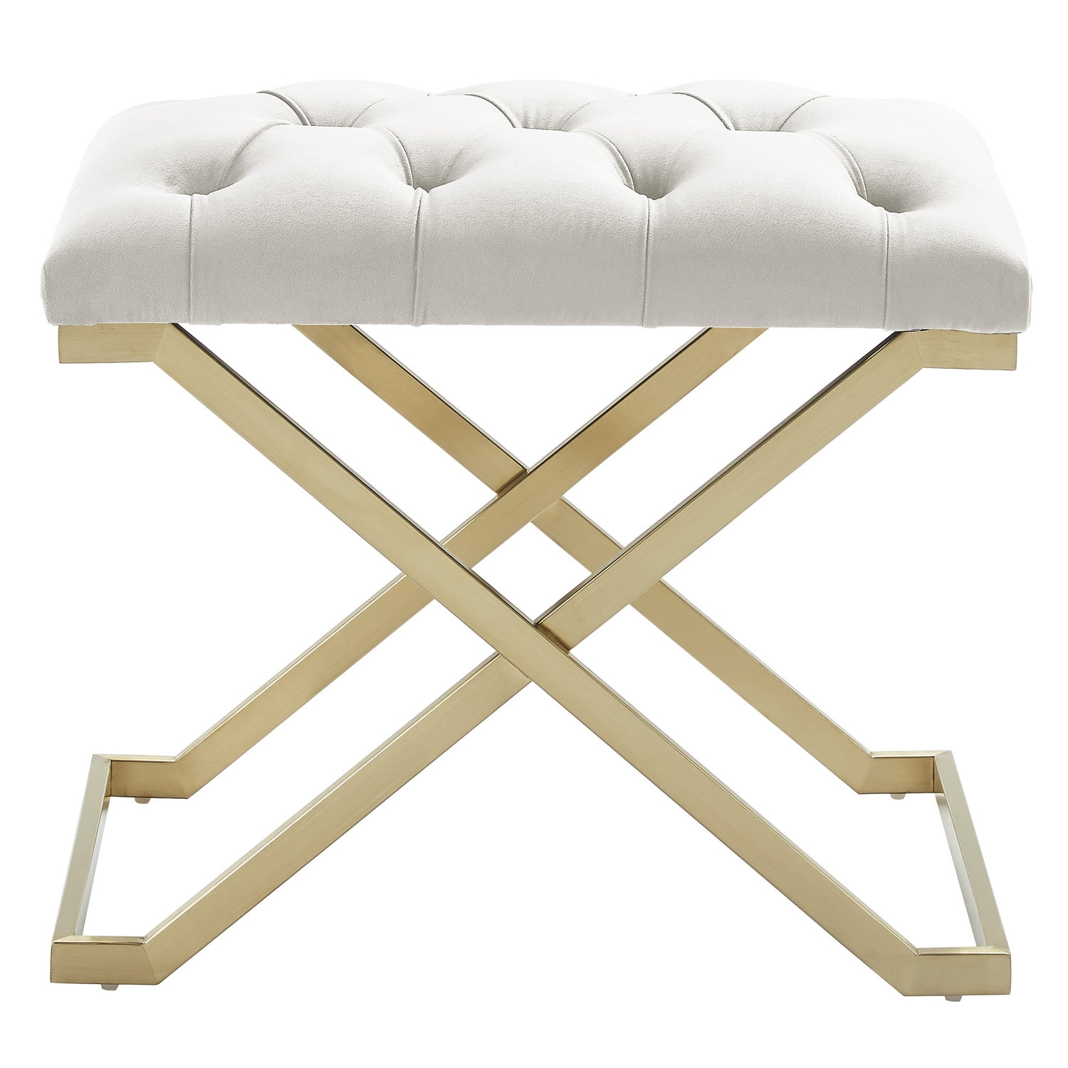 Contemporary Velvet and Stainless Steel Bench Ivory and Gold