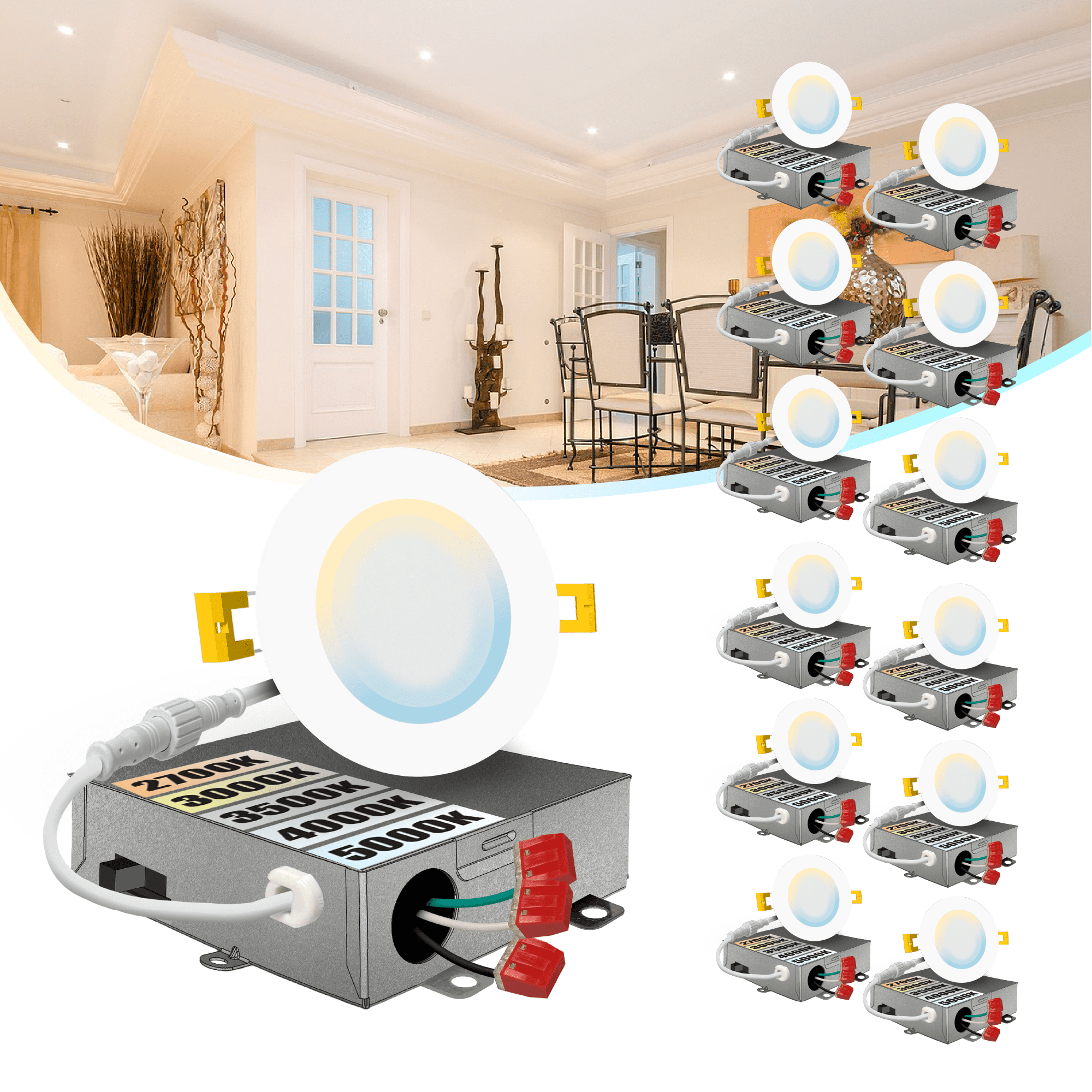 NuWatt 3'' Ultra Slim Selectable CCT New Construction LED Canless Recessed Wafer Light 12 Pack