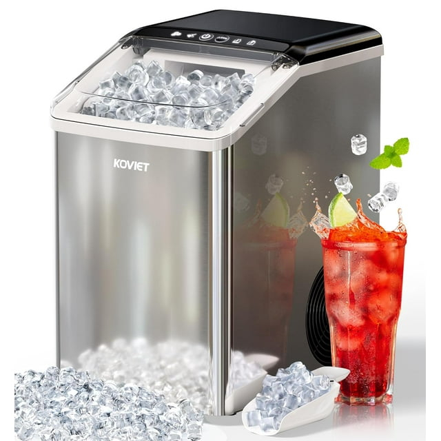 Nugget Ice Maker Countertop, 40lbs/24H Tooth-Friendly Soft Chewable Pebble Ice Machine, Self-Cleaning with Drainpipe, Crushed Pellet Ice Makers for Home Kitchen Party, Stainless Steel