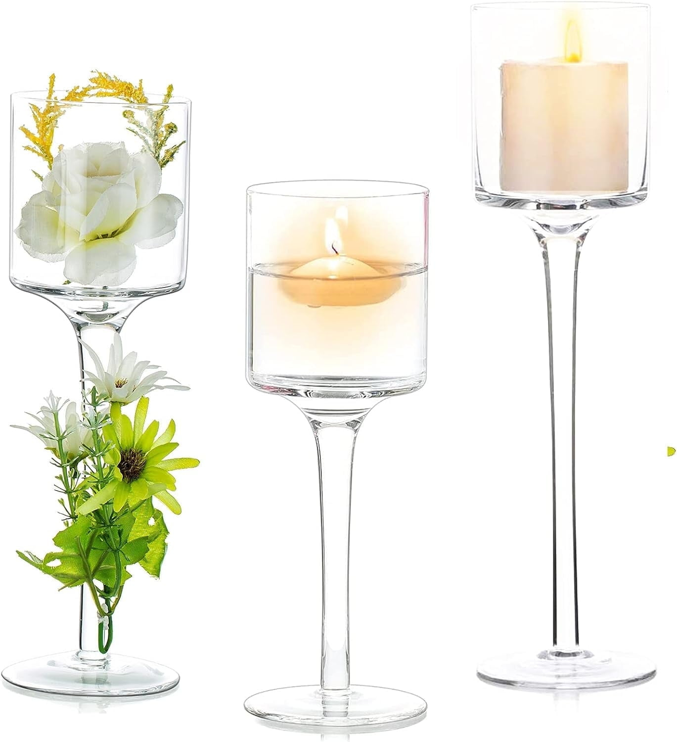 Nuptio Hurricane Glass Candle Holder Tea light Candle Holders ，3Pcs Tall Tealight Candle Holder Votive Candle Holders for Table Centerpiece Home Decoration