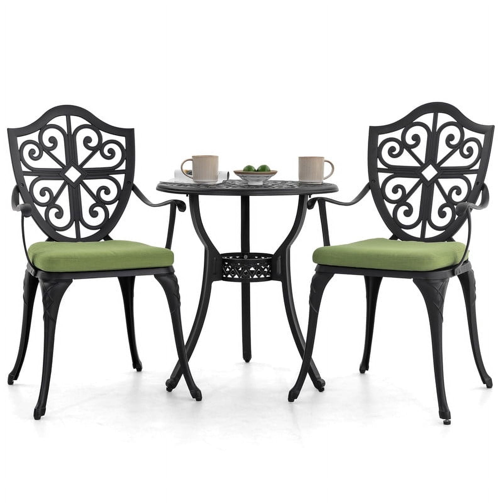 Nuu Garden 3 Piece Cast Aluminum Outdoor Bistro Set, Patio Bistro Set with Cushions and Umbrella Hole Rust-Resistant Outdoor Dining Set, Black&Green