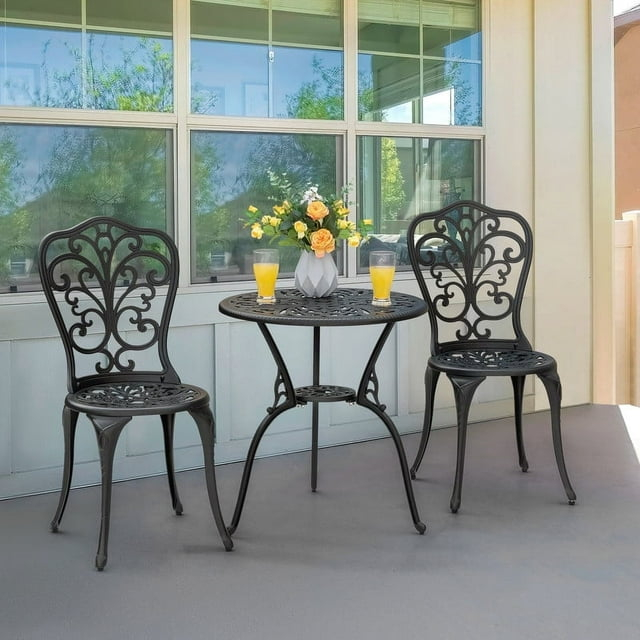 Nuu Garden 3-Piece Patio Bistro Set, Outdoor Cast Aluminum Bistro Table and Chairs Set of 2, Outdoor Patio Dining Set with Umbrella Hole for Patio Balcony, Black