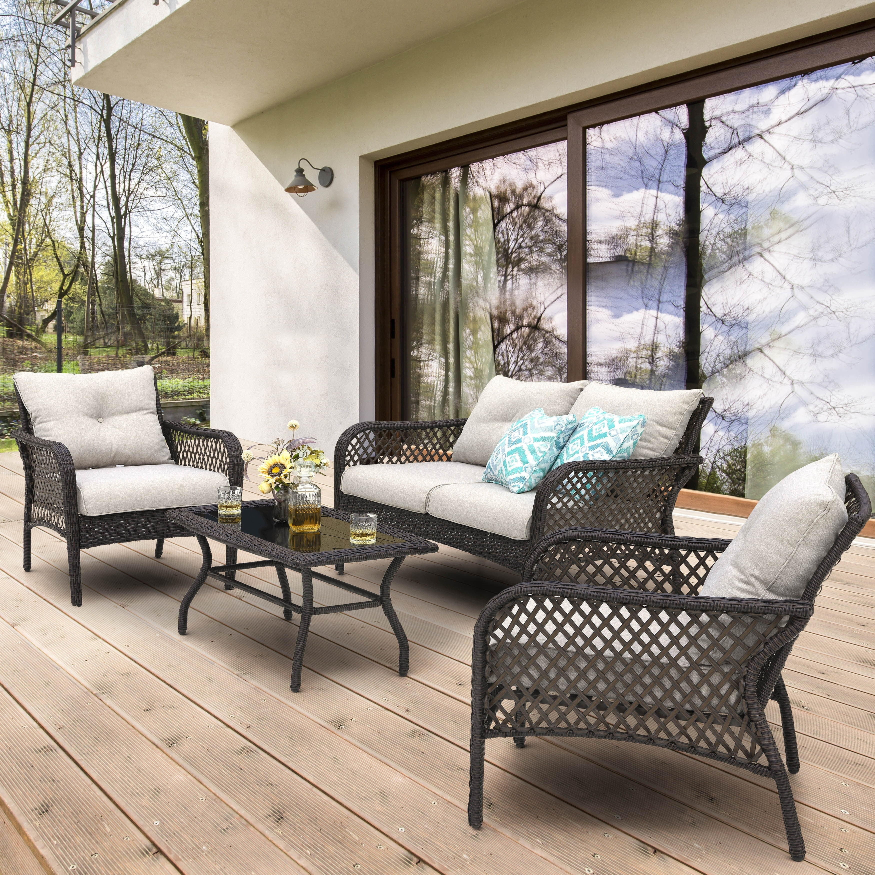 Nuu Garden Patio 4-Piece Wicker Conversation Set with Table and Cushions, Brown